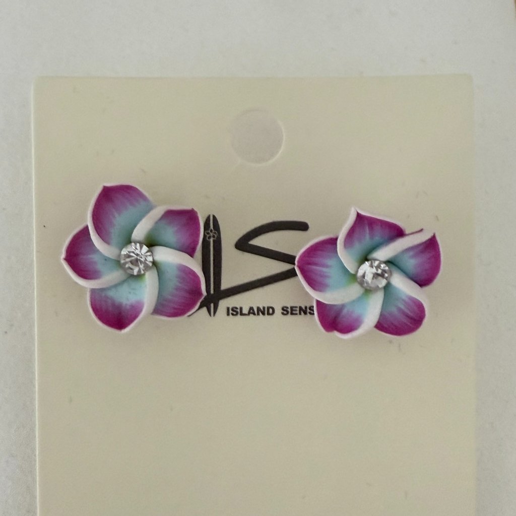 Island Sense Handcrafted Fimo Flower Earrings Purple, White & Teal